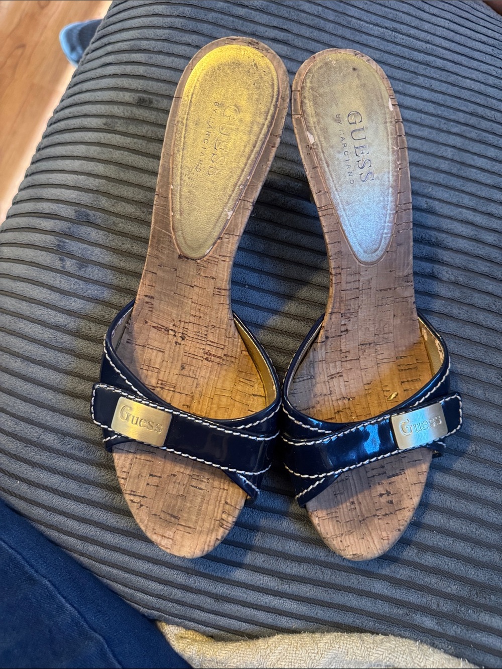 GUESS Black Patent Leather Cork Slide Sandals with Gold Plaque